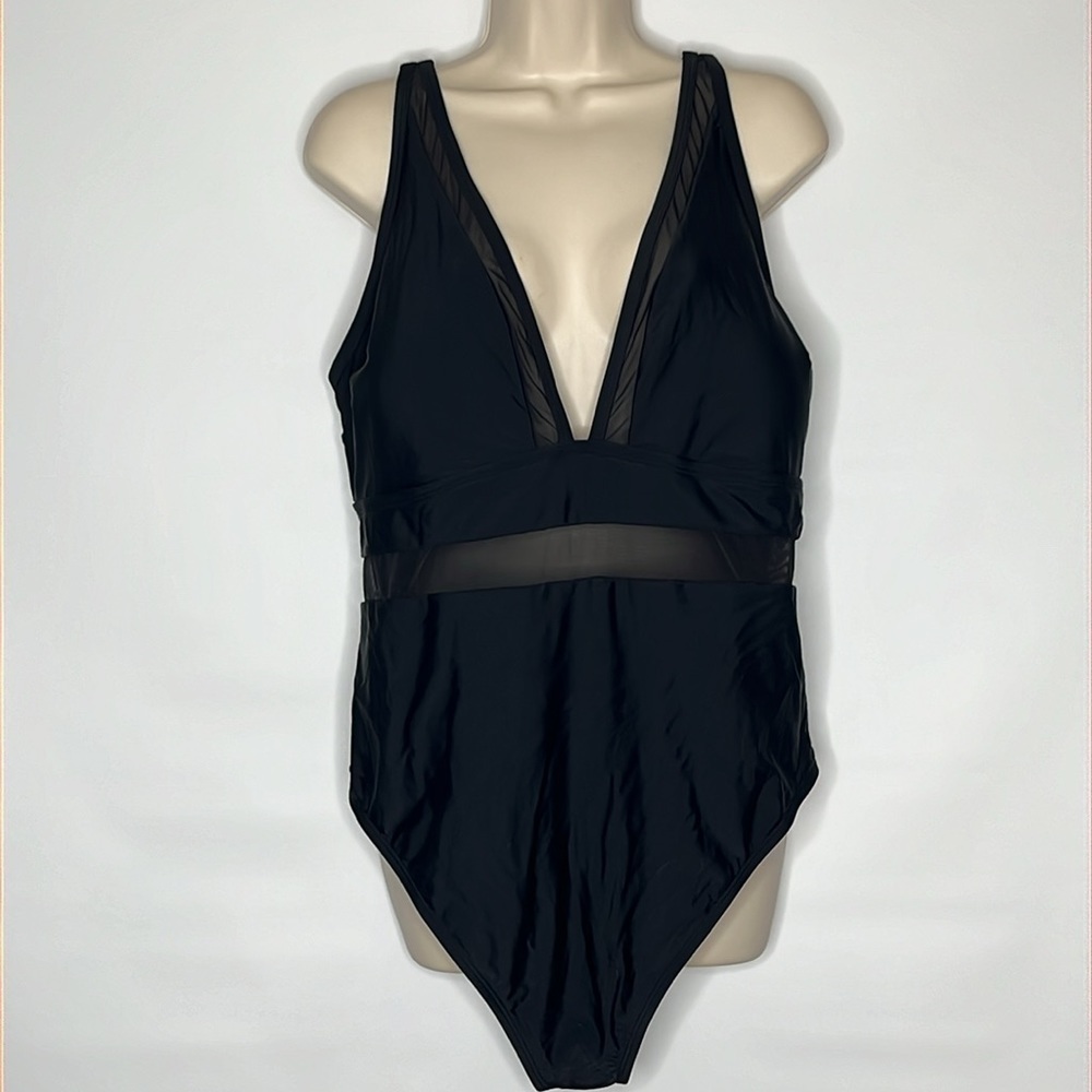 Cupshe one piece black bathing suit, with sheer cutouts, very flattering, NWTS